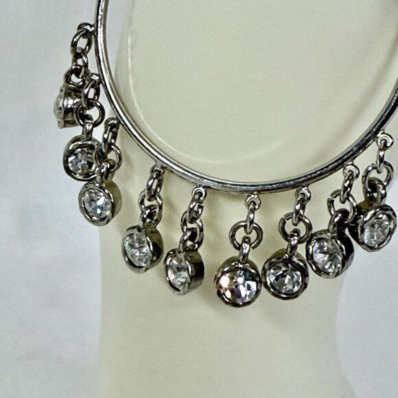 Large Silver Tone Hoop Earrings with Clear Rhinestone Dangle Charms - Picture 2 of 4
